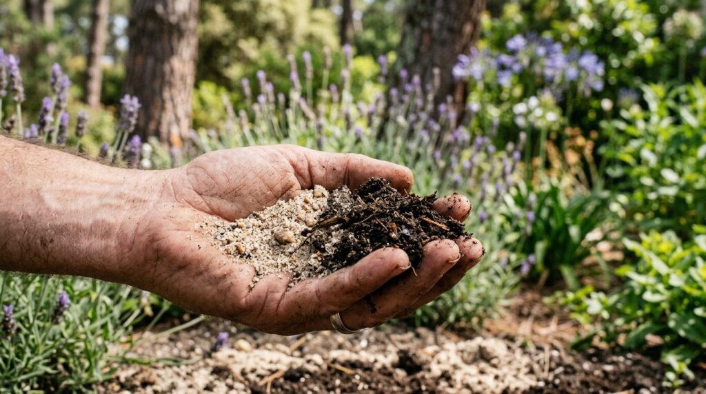 Main mélangeant sable et compost pour amender un sol sableux au Bassin d'Arcachon